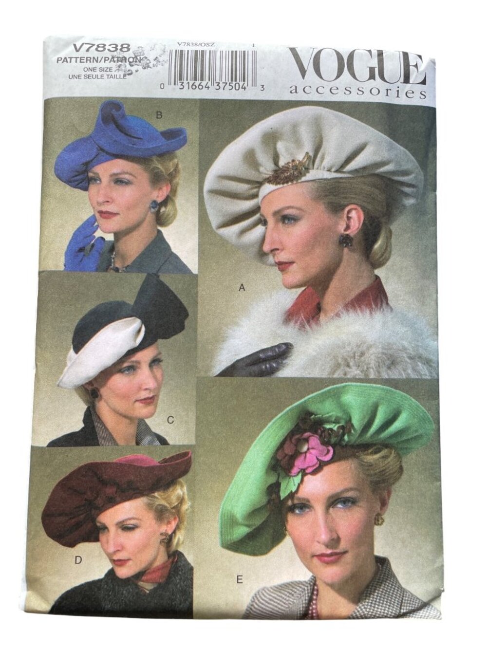 Vogue V7838 Accessories Hat Sewing Pattern One Size 1930s-1940s Style UNCUT
